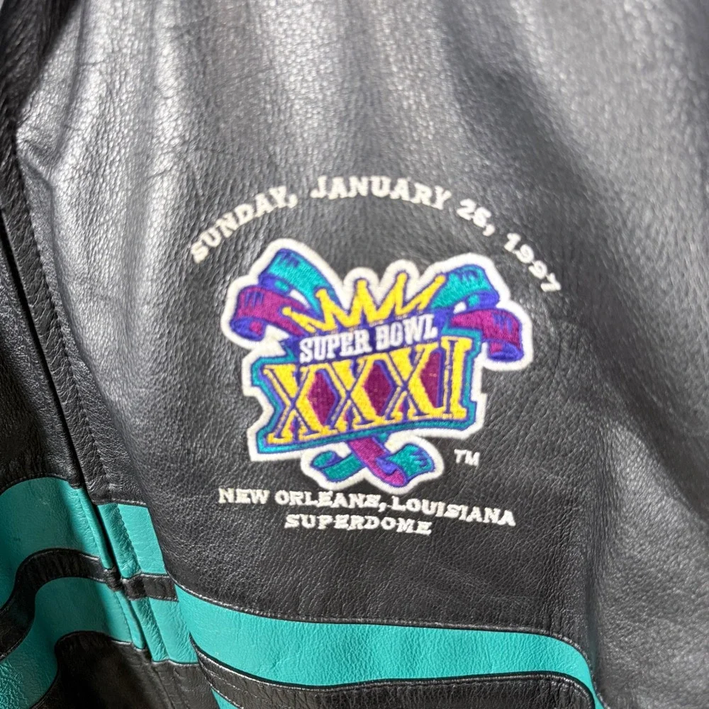 Vintage NFL Super Bowl XXXI Leather Jacket‎ Logo Athletic Men's L Black Teal